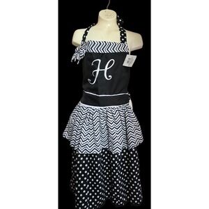Kirklands Monogram  H Black Polka Dot Retro Ruffle Side Vtg Cooking Aprons NWT